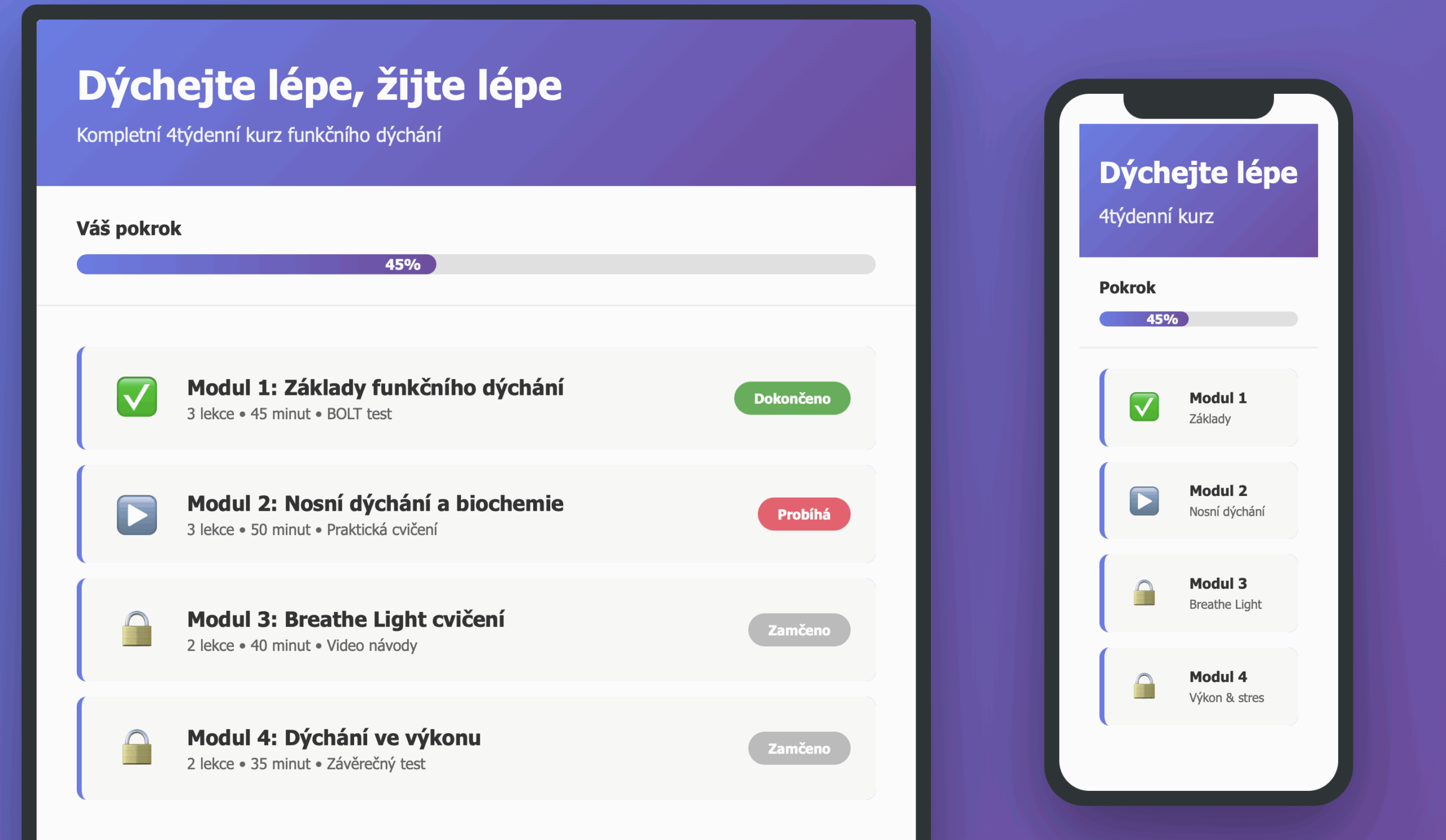 Online kurz Dýchejte lépe - Mockup platformy